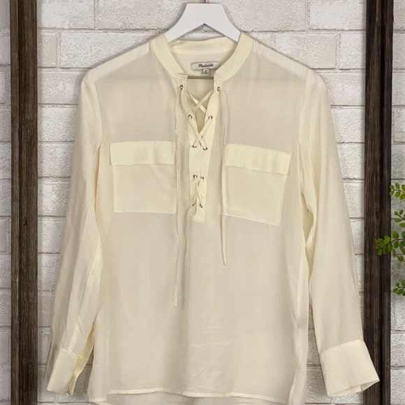 Madewell Silk Lace Up Blouse in Ivory Off-White - Picture 11 of 16